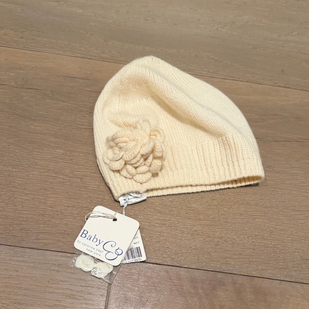 Baby CZ Ivory Knit Hat with Floral Accent